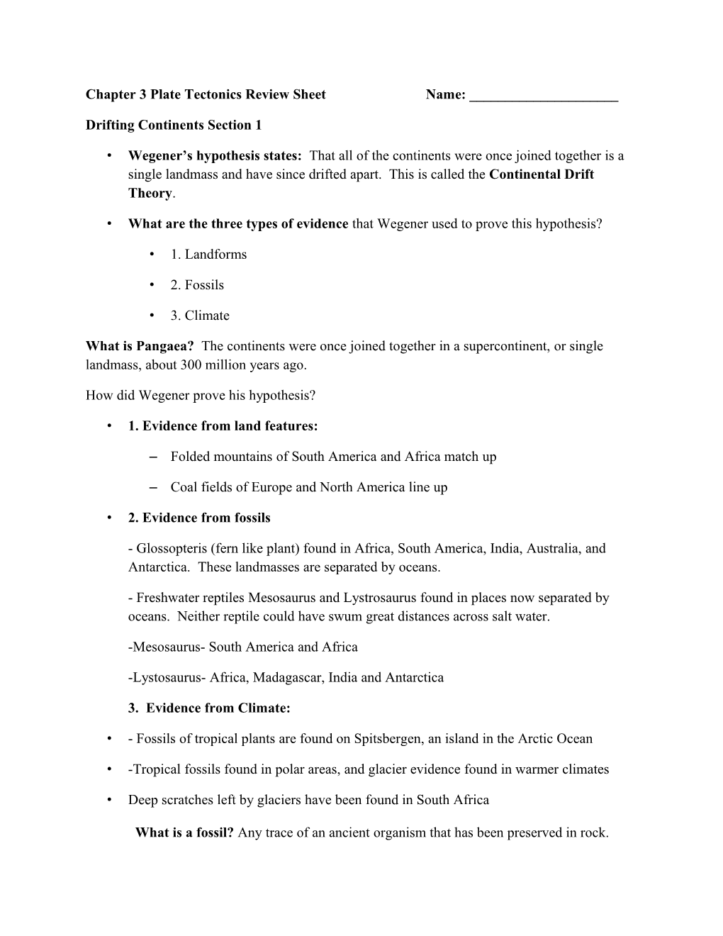 Chapter 3 Plate Tectonics Review Sheetname: ______