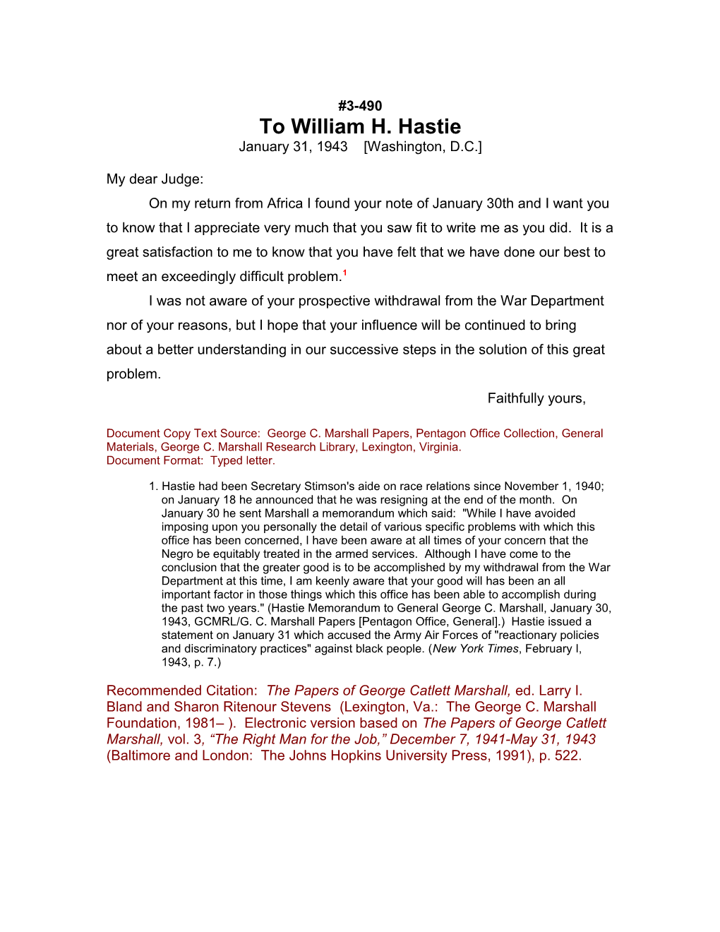 To William H. Hastie