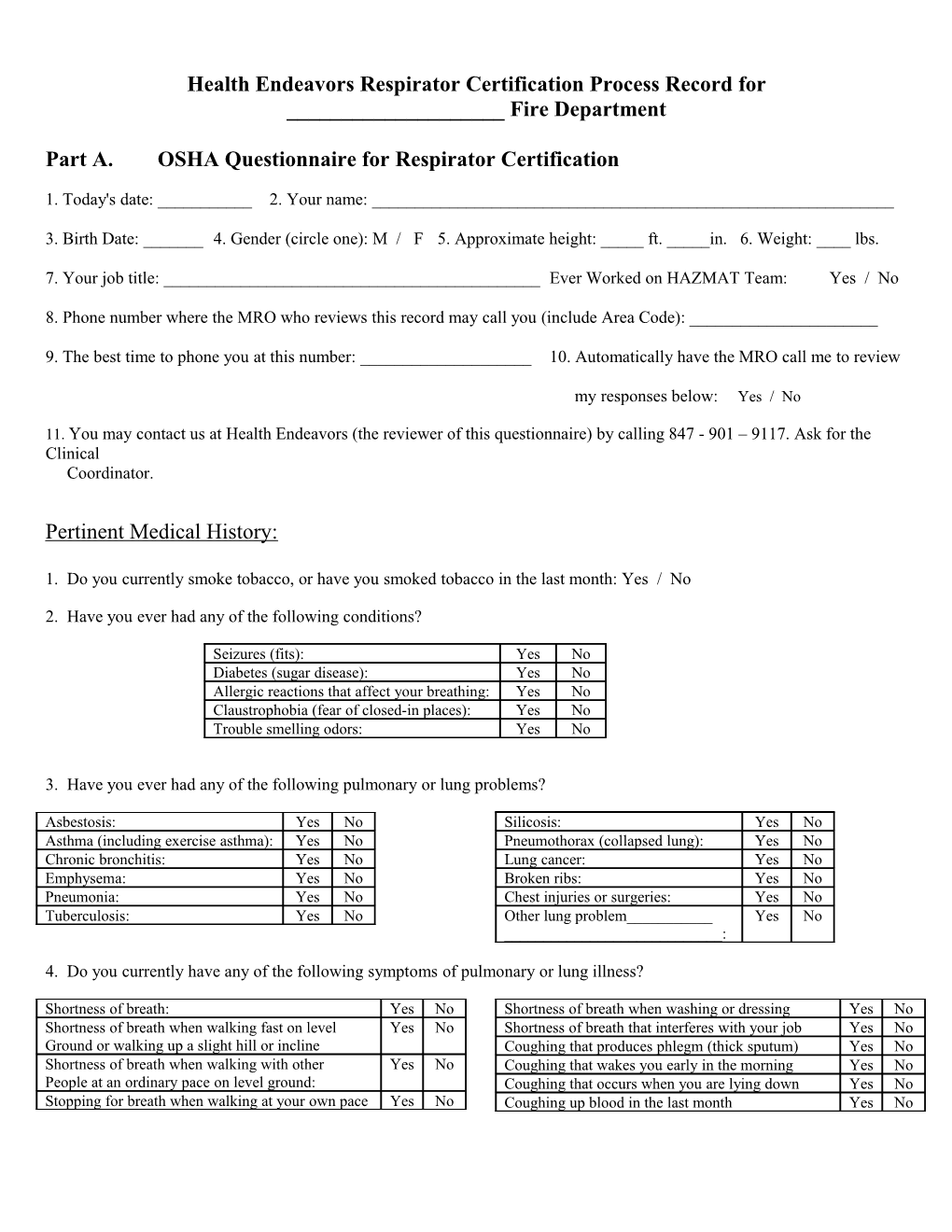 Health Endeavors Respirator Certification Process Record For