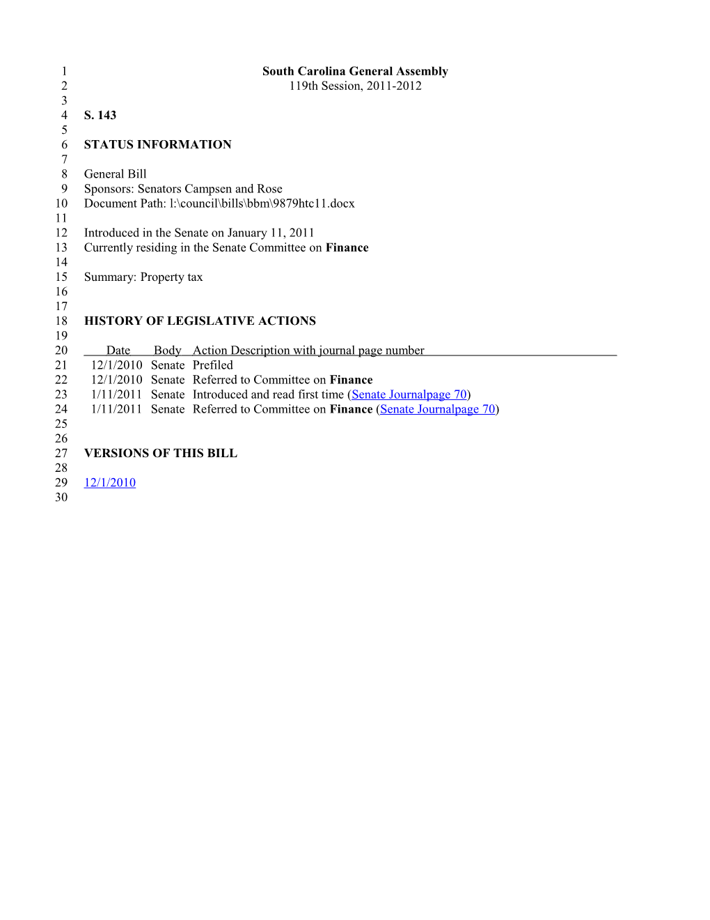 2011-2012 Bill 143: Property Tax - South Carolina Legislature Online
