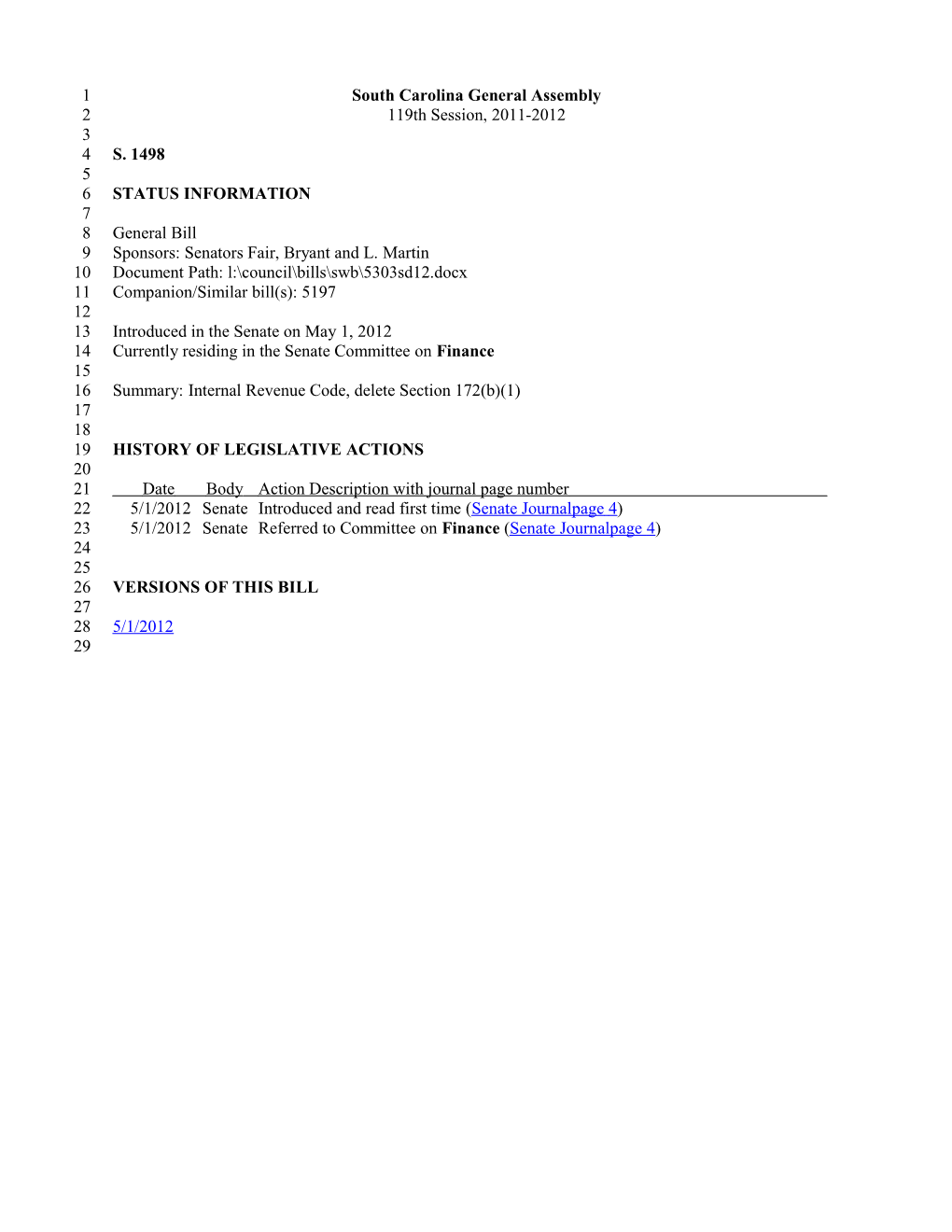 2011-2012 Bill 1498: Internal Revenue Code, Delete Section 172(B)(1) - South Carolina