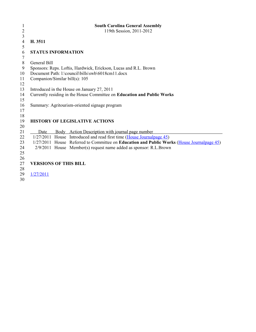 2011-2012 Bill 3511: Agritourism-Oriented Signage Program - South Carolina Legislature Online