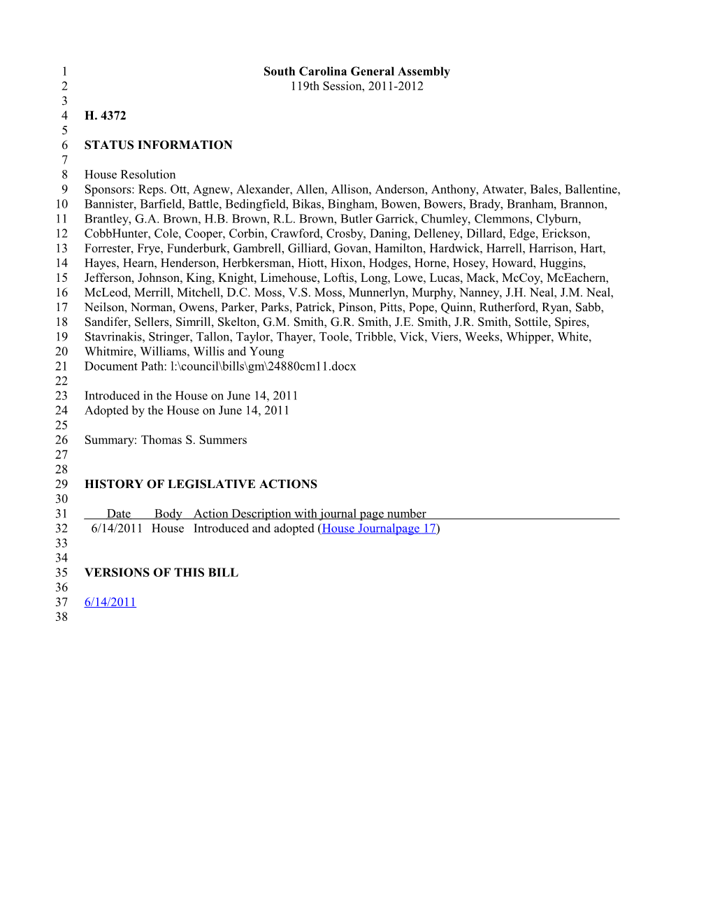 2011-2012 Bill 4372: Thomas S. Summers - South Carolina Legislature Online