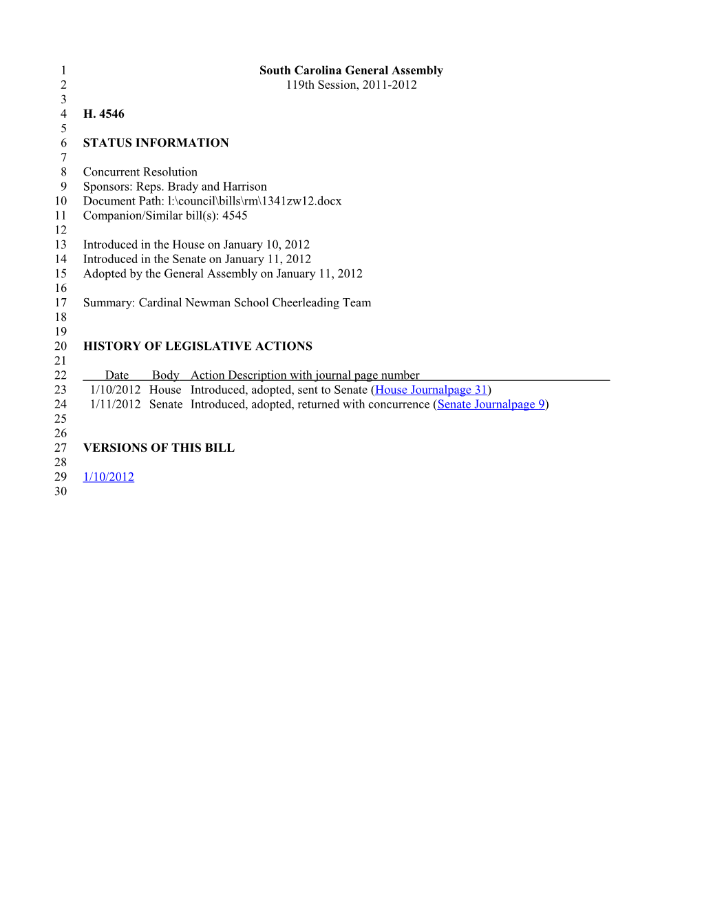 2011-2012 Bill 4546: Cardinal Newman School Cheerleading Team - South Carolina Legislature