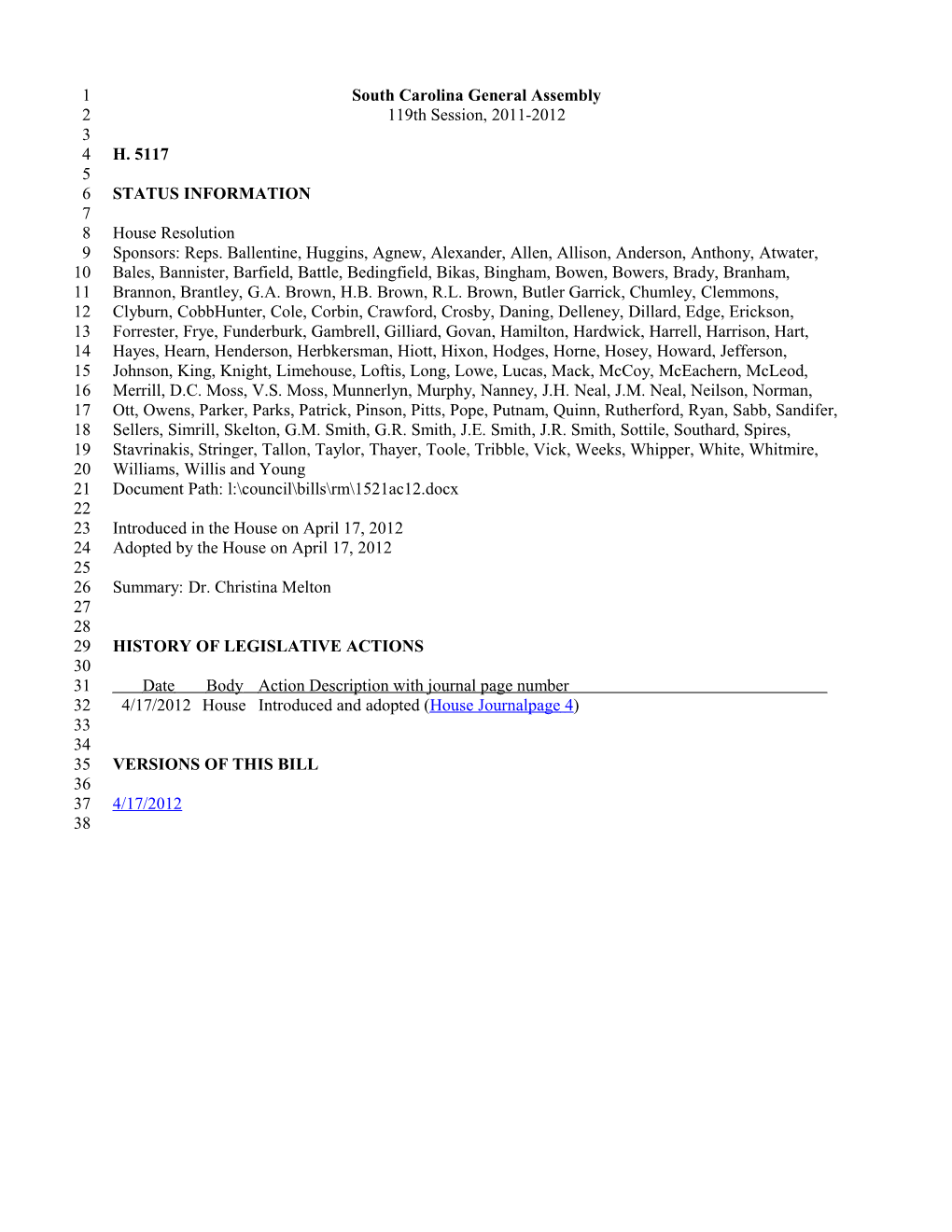 2011-2012 Bill 5117: Dr. Christina Melton - South Carolina Legislature Online