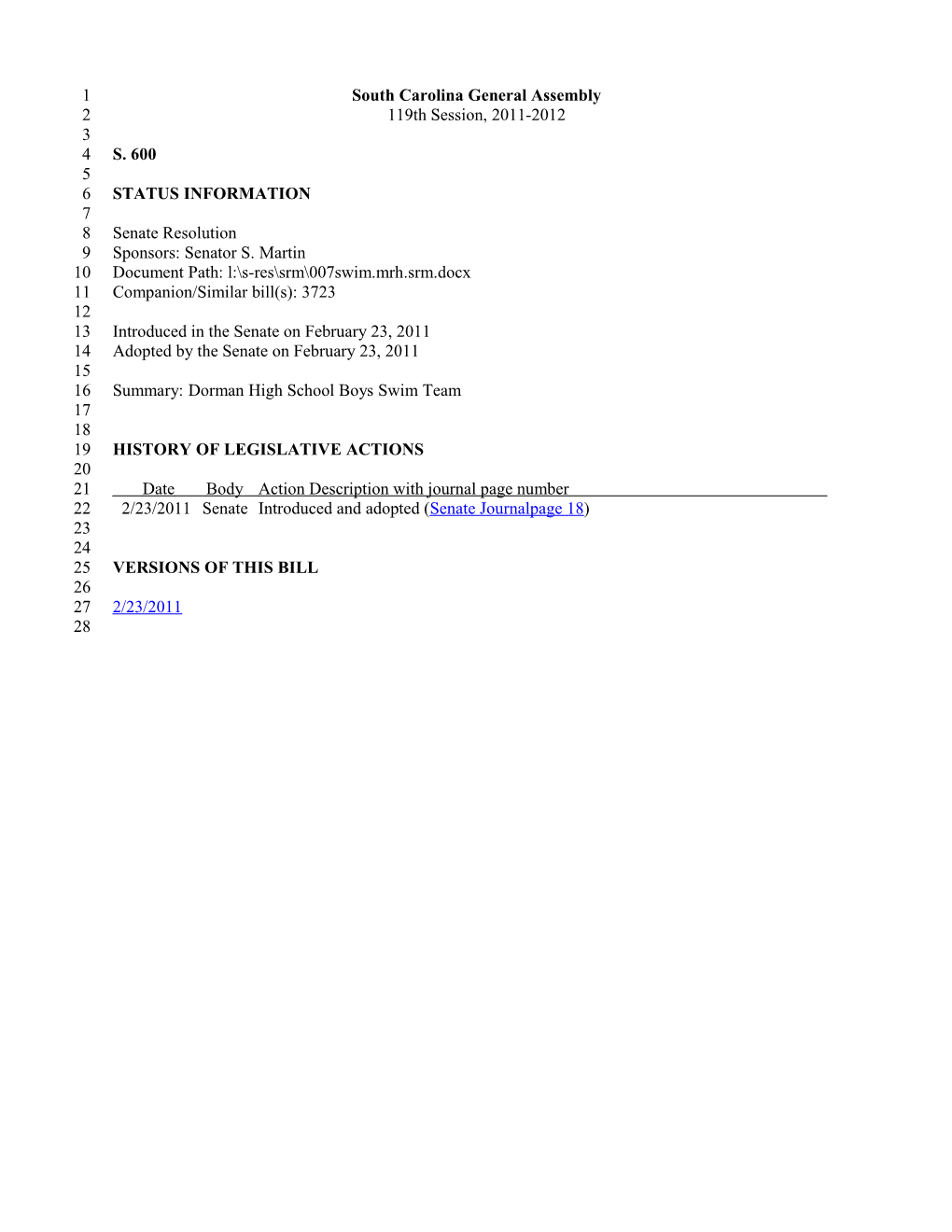 2011-2012 Bill 600: Dorman High School Boys Swim Team - South Carolina Legislature Online