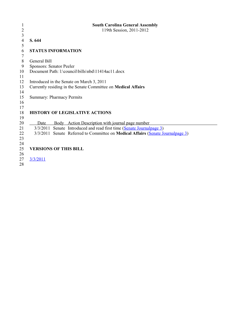 2011-2012 Bill 644: Pharmacy Permits - South Carolina Legislature Online