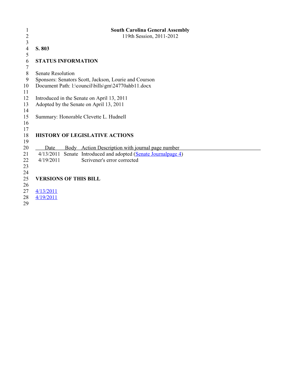 2011-2012 Bill 803: Honorable Clevette L. Hudnell - South Carolina Legislature Online