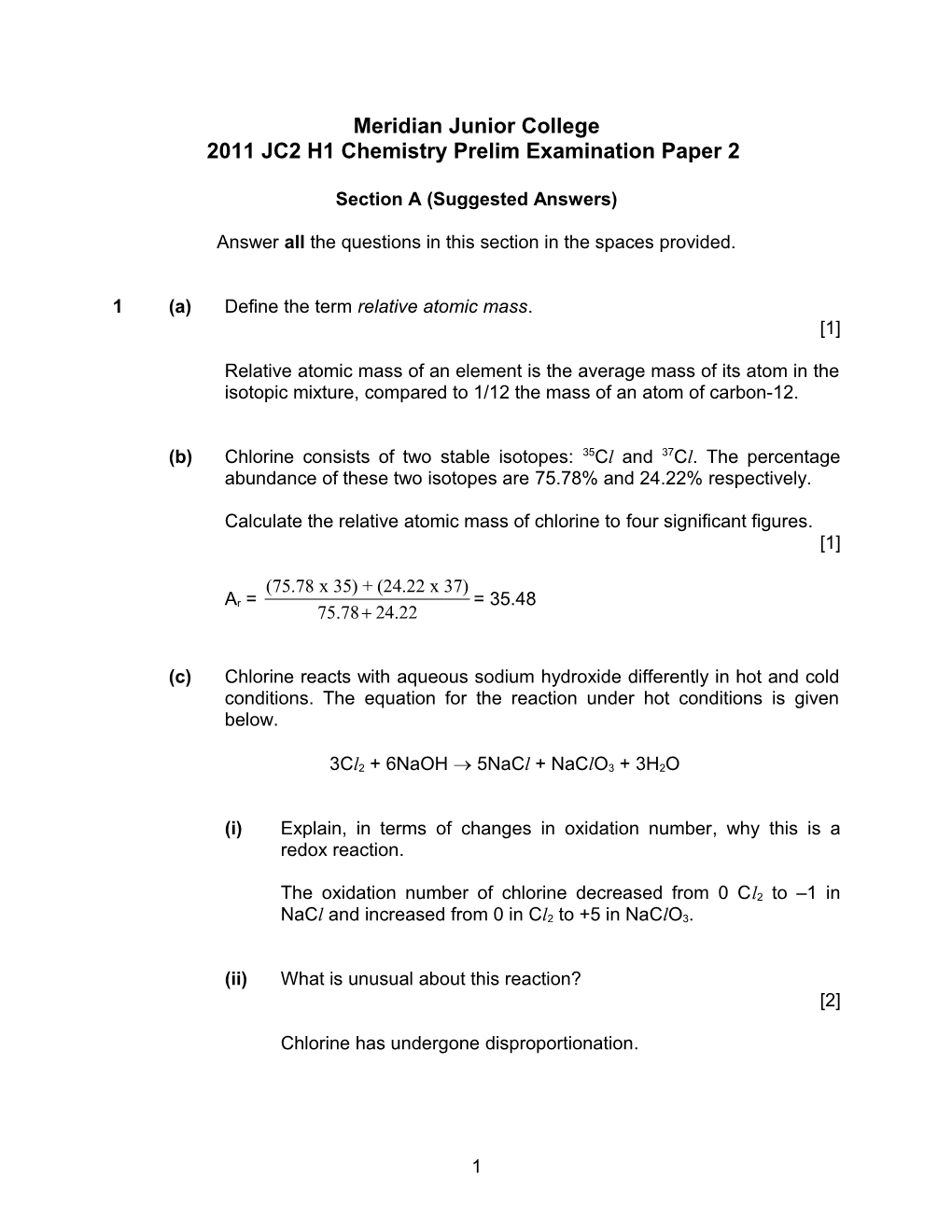 2011 JC2 H1 Chemistry Prelim Examination Paper 2
