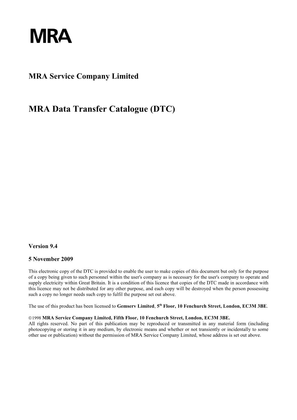 MRA Data Transfer Catalogue