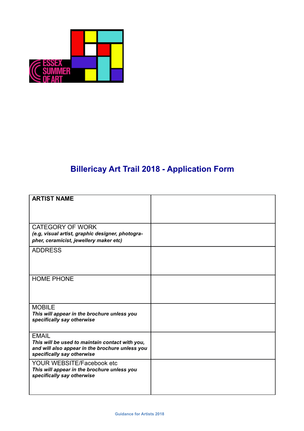 Billericay Art Trail 2018 - Application Form