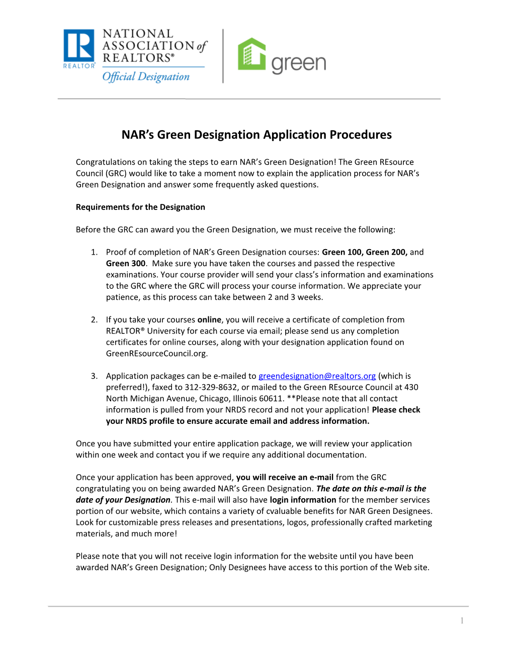 NAR S Green Designation Application Procedures