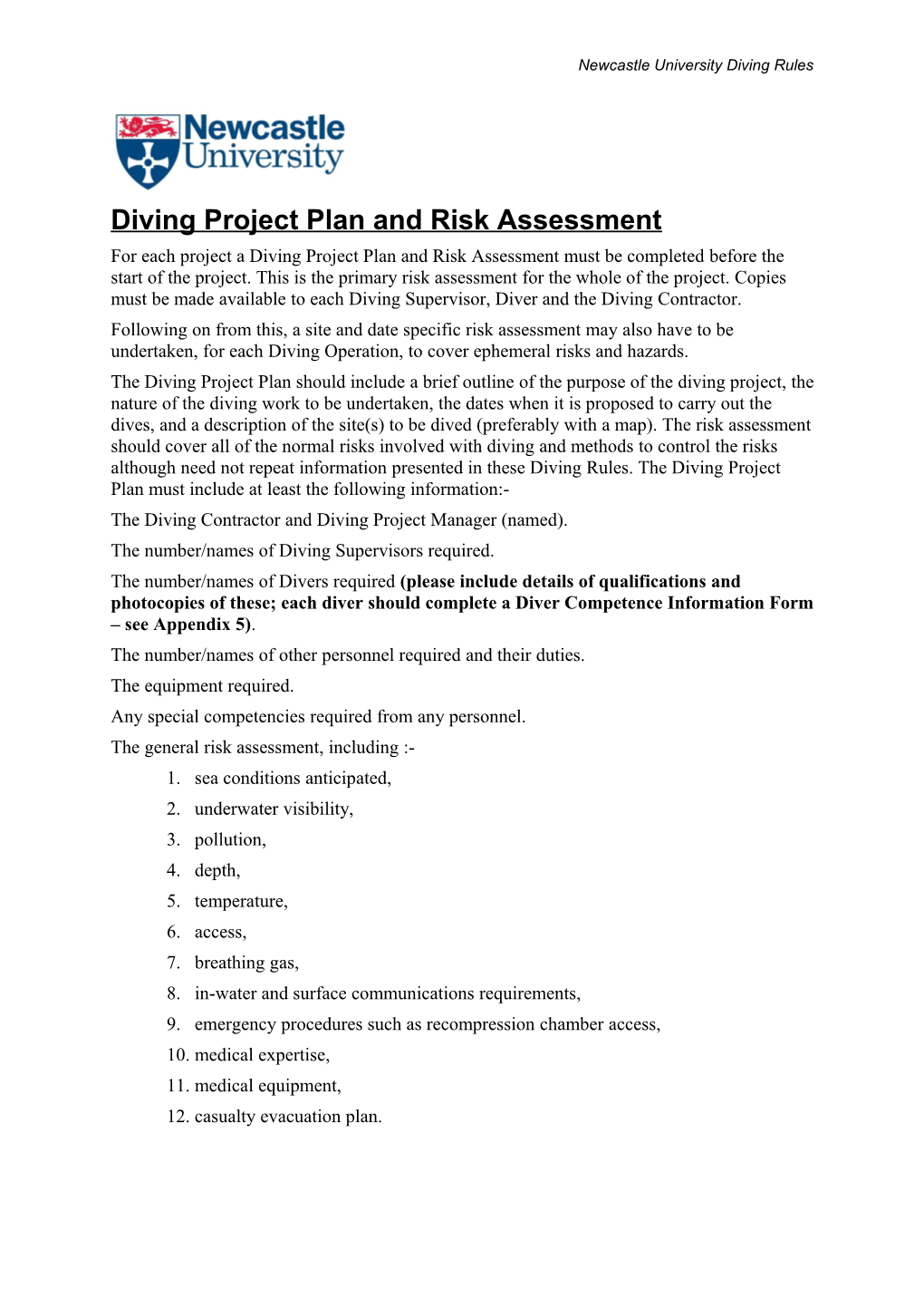 Diving Project Plan and Risk Assessment