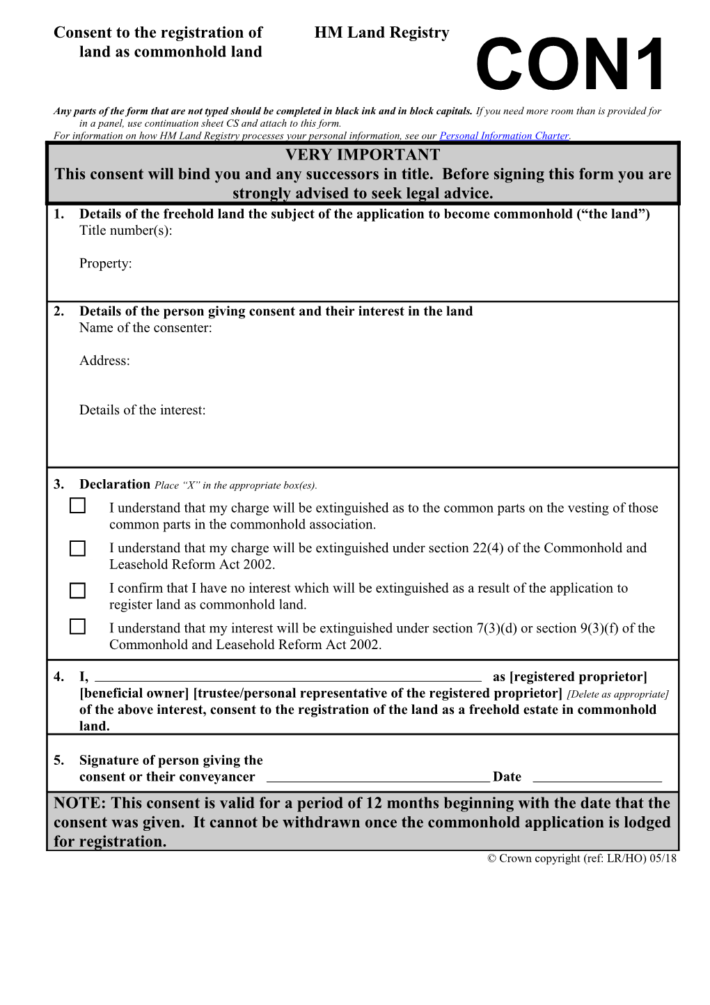 Consent to the Registration of Land As Commonhold Land