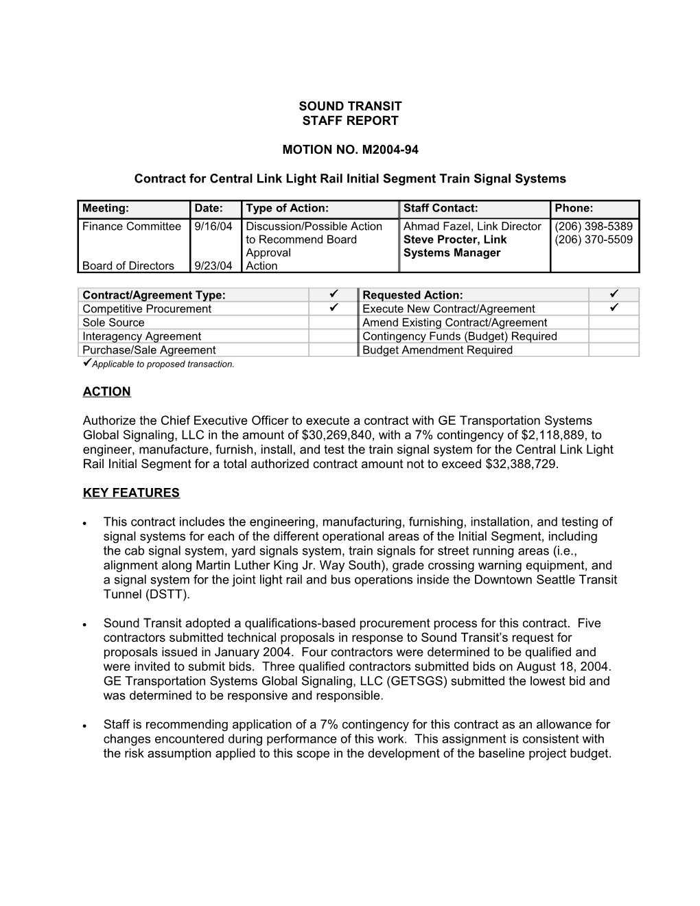 Contract for Central Link Light Rail Initial Segment Train Signal Systems