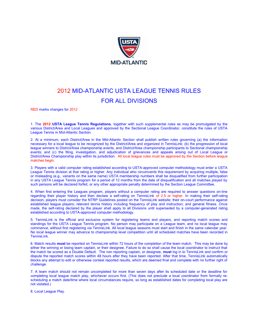 2012 Mid-Atlantic Usta League Tennis Rules