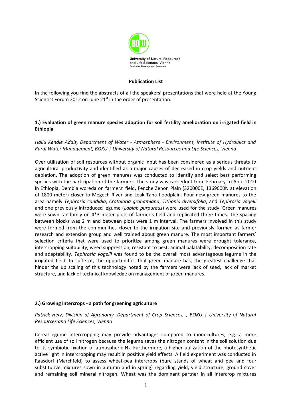 1.) Evaluation of Green Manure Species Adoption for Soil Fertility Amelioration on Irrigated