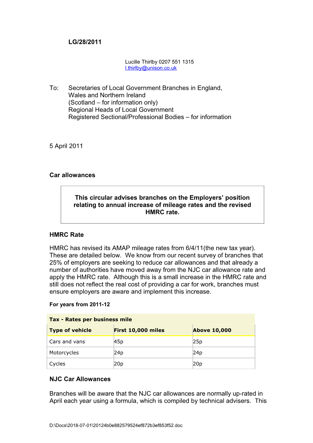 LG 28 2011 Car Allowances