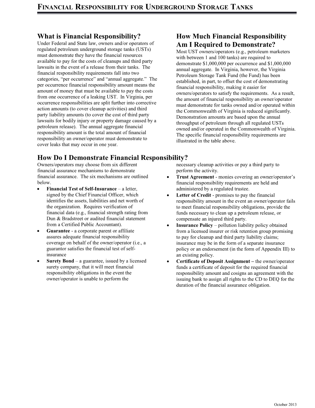 Financial Responsibility Requirements for Underground Storage Tanks