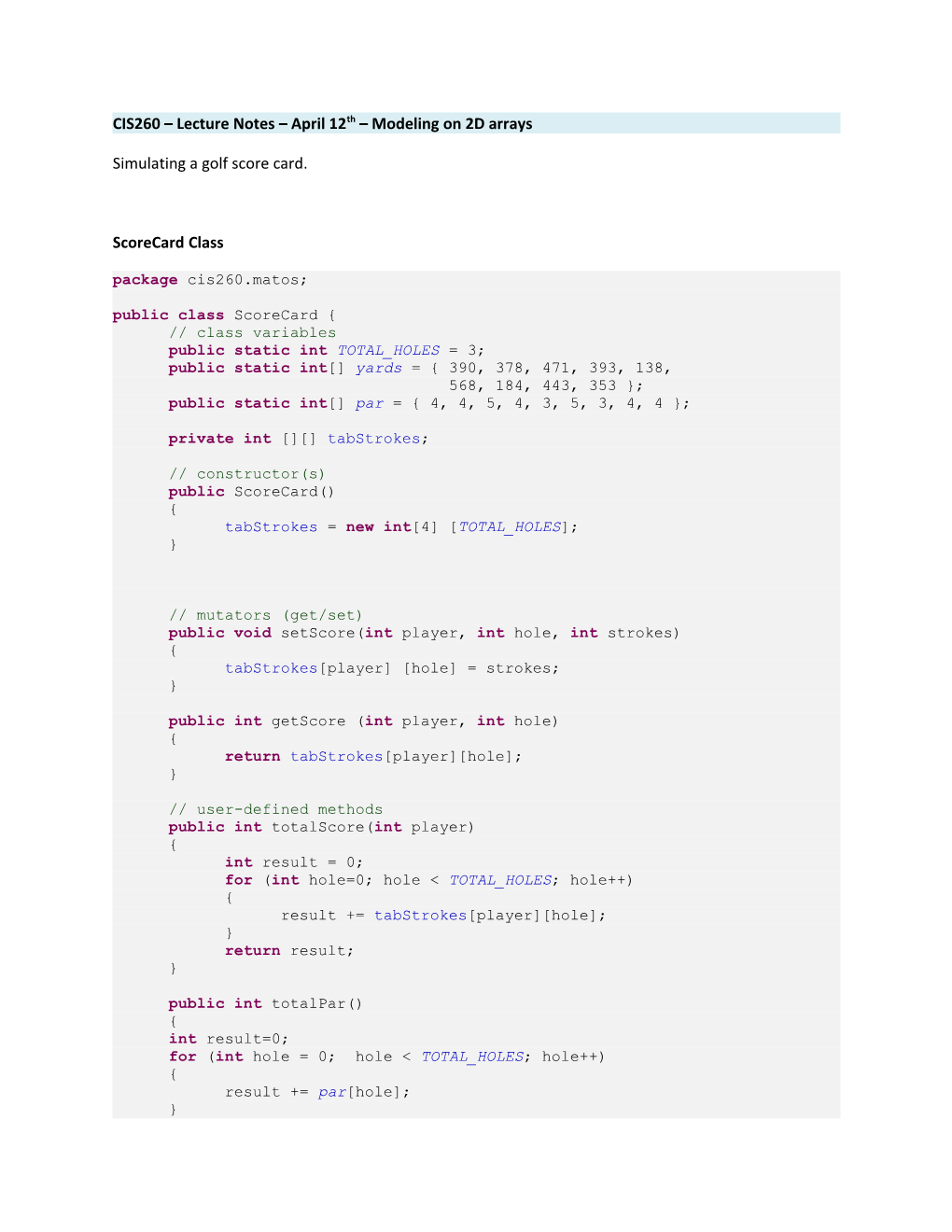 CIS260 Lecture Notes April 12Th Modeling on 2D Arrays