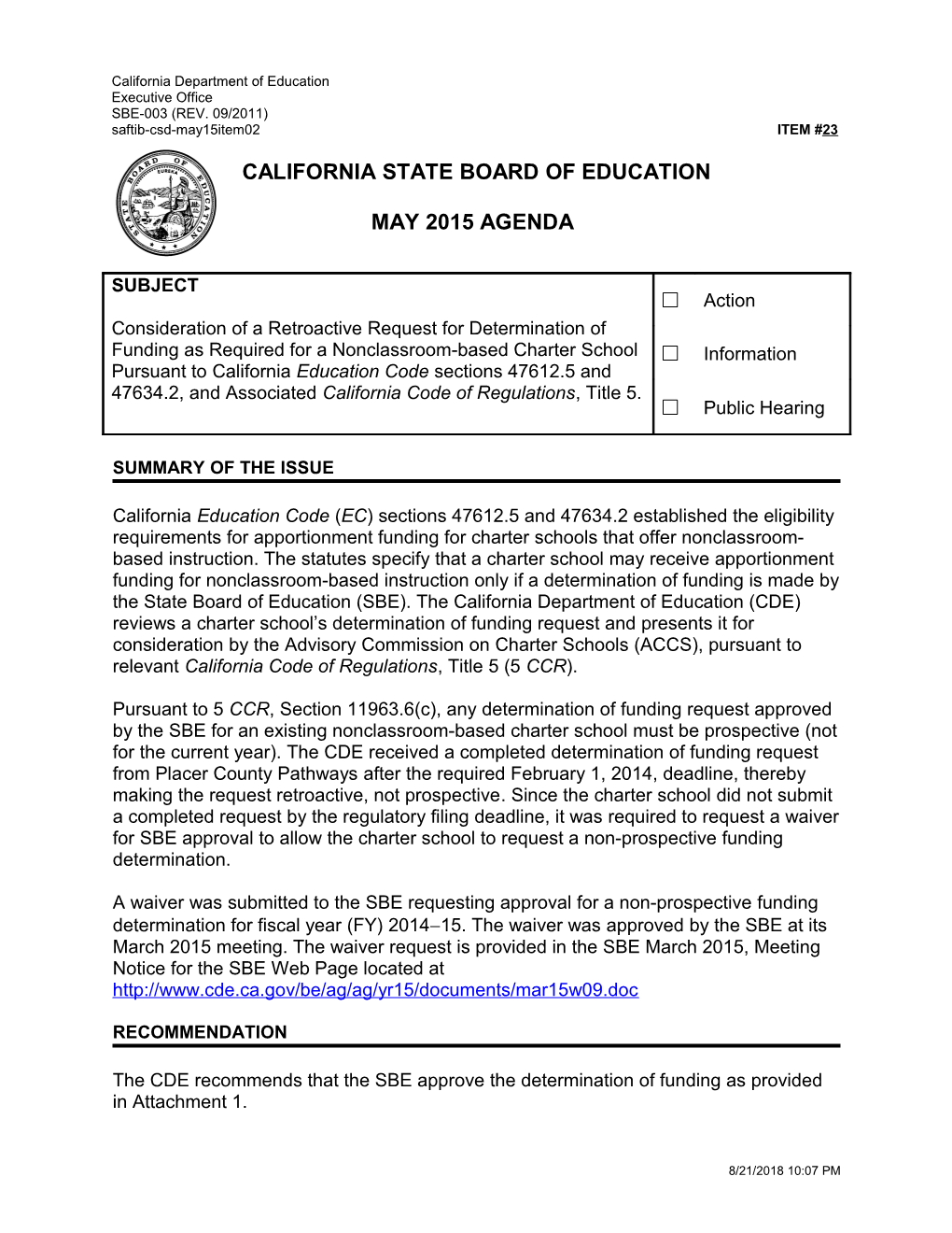 May 2015 Agenda Item 23 - Meeting Agendas (CA State Board of Education)