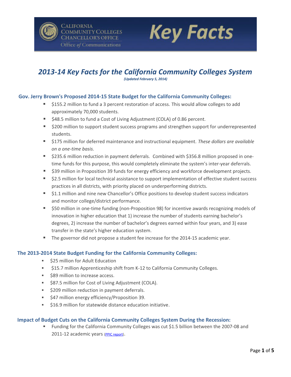 2013-14 Key Facts for the California Community Colleges System