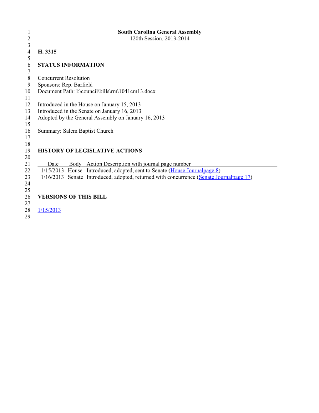 2013-2014 Bill 3315: Salem Baptist Church - South Carolina Legislature Online