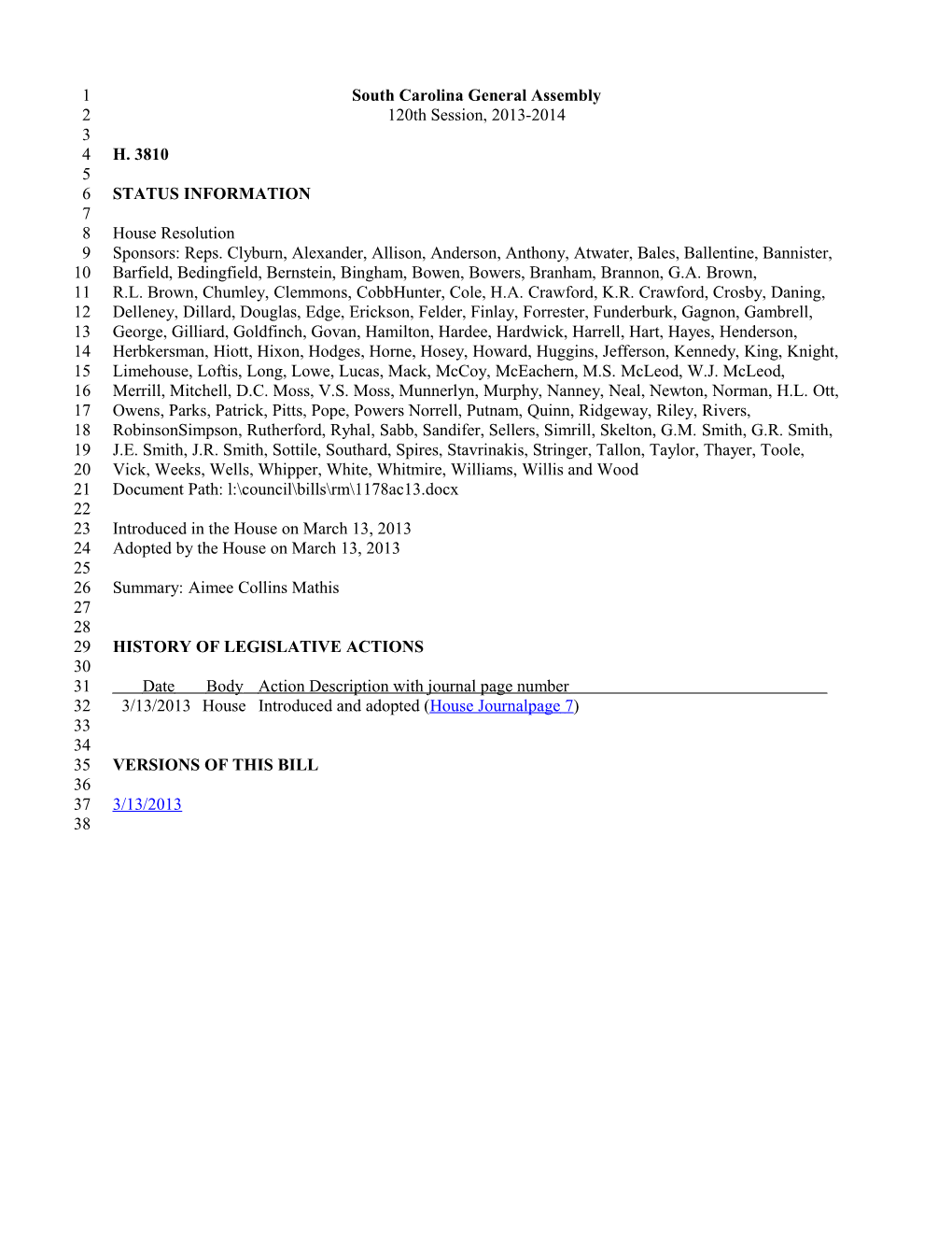 2013-2014 Bill 3810: Aimee Collins Mathis - South Carolina Legislature Online