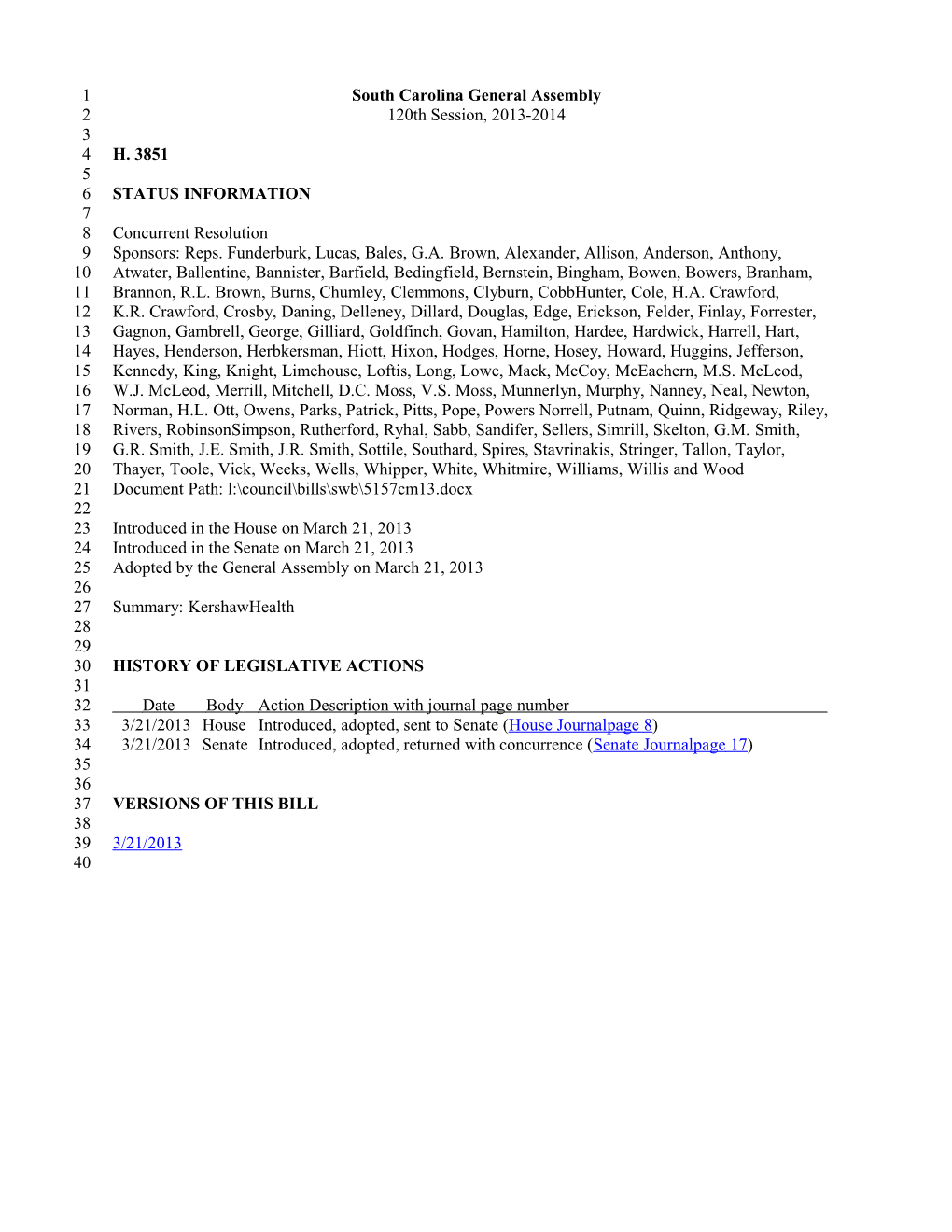 2013-2014 Bill 3851: Kershawhealth - South Carolina Legislature Online