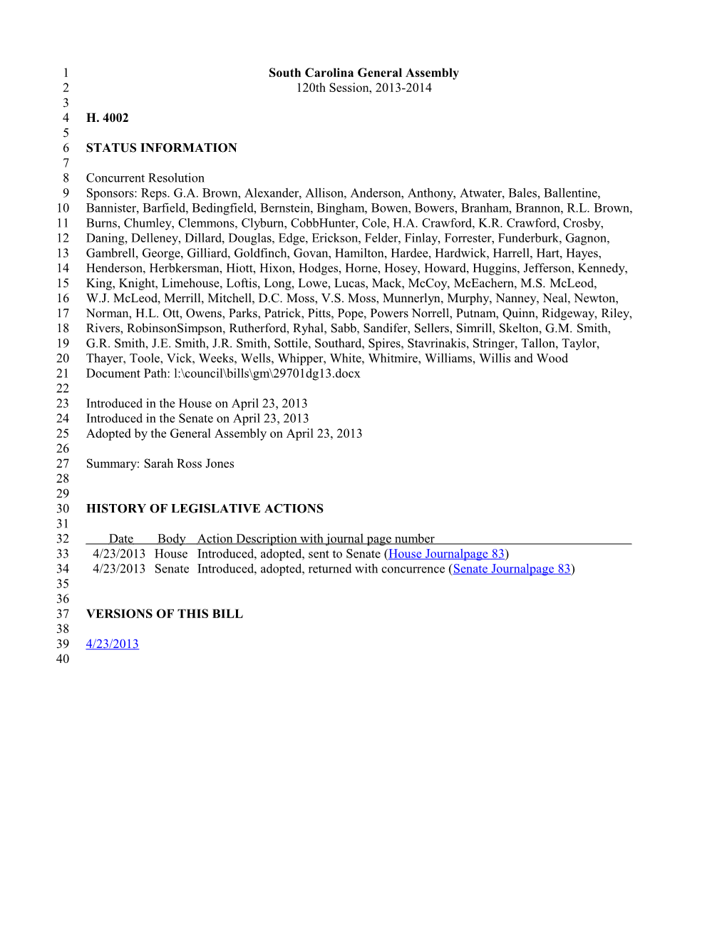 2013-2014 Bill 4002: Sarah Ross Jones - South Carolina Legislature Online