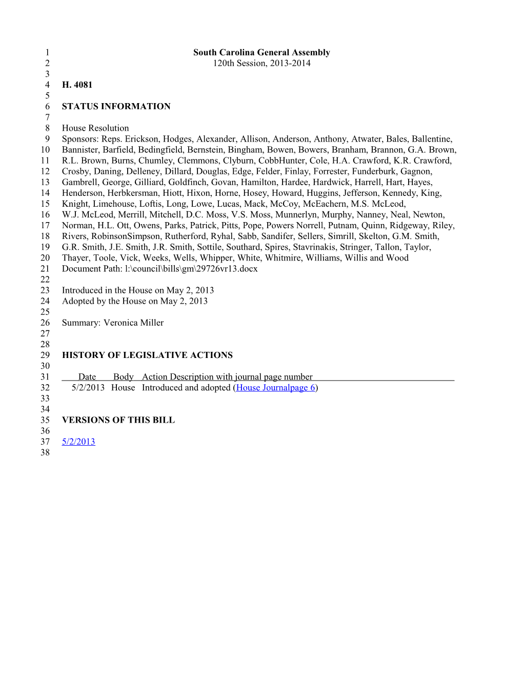 2013-2014 Bill 4081: Veronica Miller - South Carolina Legislature Online