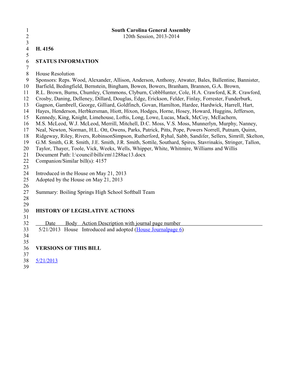 2013-2014 Bill 4156: Boiling Springs High School Softball Team - South Carolina Legislature