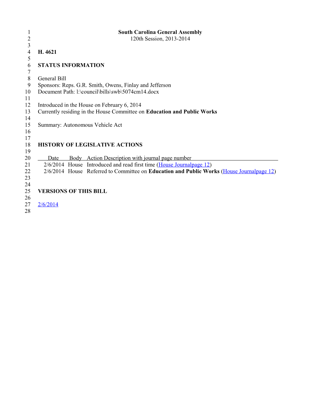 2013-2014 Bill 4621: Autonomous Vehicle Act - South Carolina Legislature Online