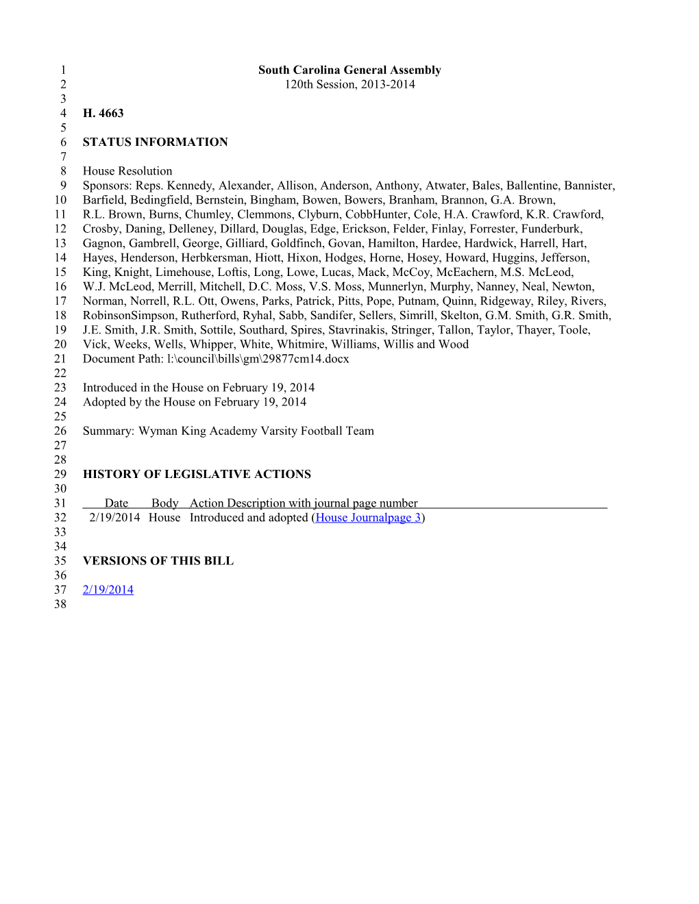 2013-2014 Bill 4663: Wyman King Academy Varsity Football Team - South Carolina Legislature