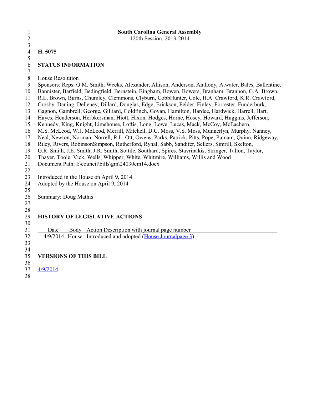 2013-2014 Bill 5075: Doug Mathis - South Carolina Legislature Online