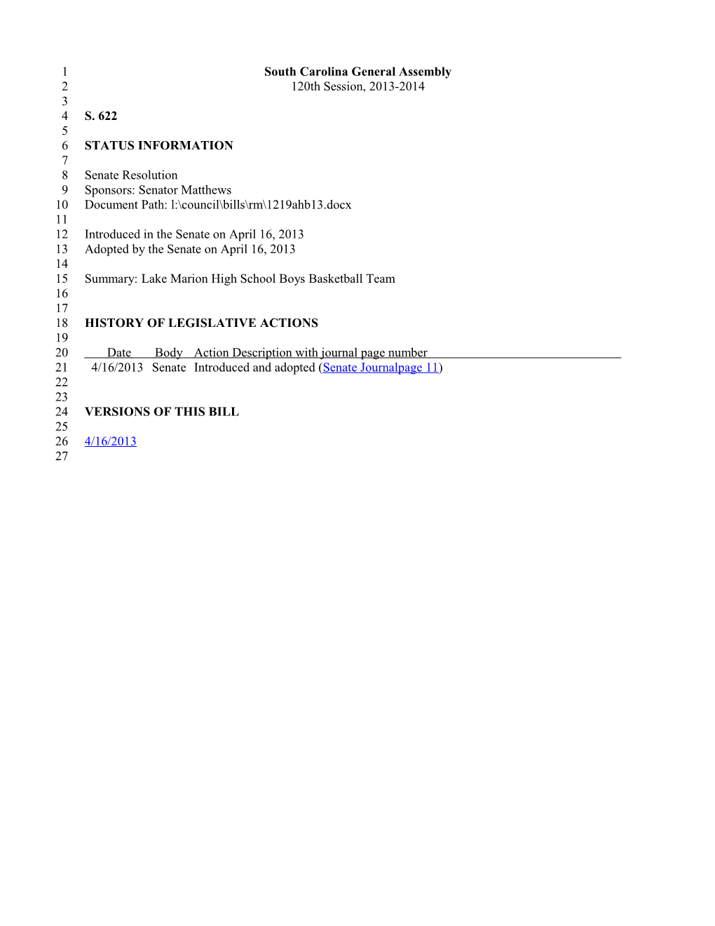 2013-2014 Bill 622: Lake Marion High School Boys Basketball Team - South Carolina Legislature