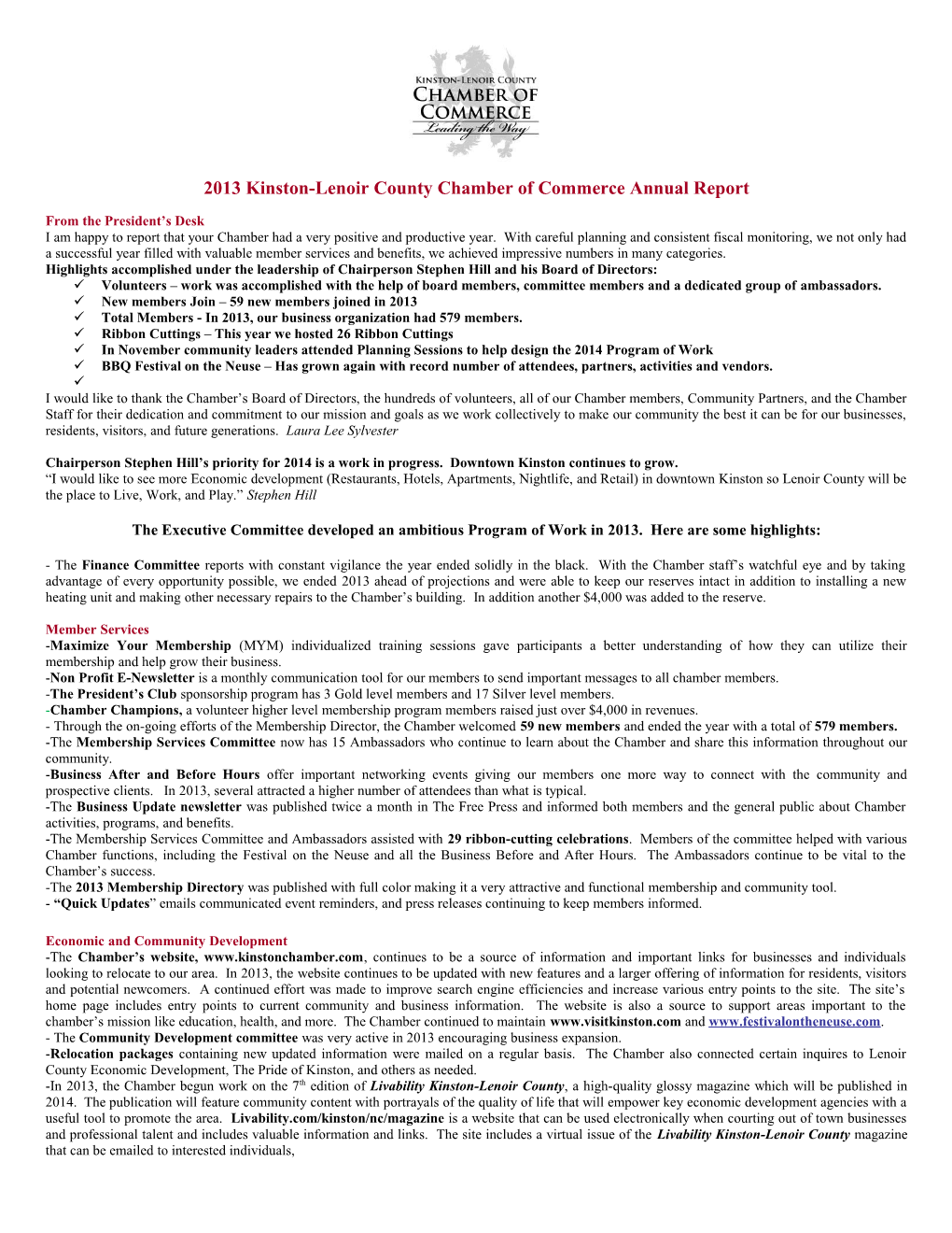 2013 Kinston-Lenoir County Chamber of Commerce Annual Report