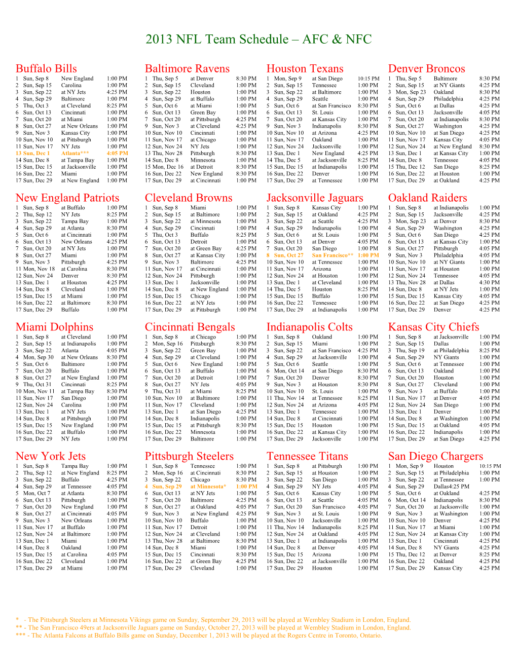 2013 NFL Team Schedule AFC & NFC