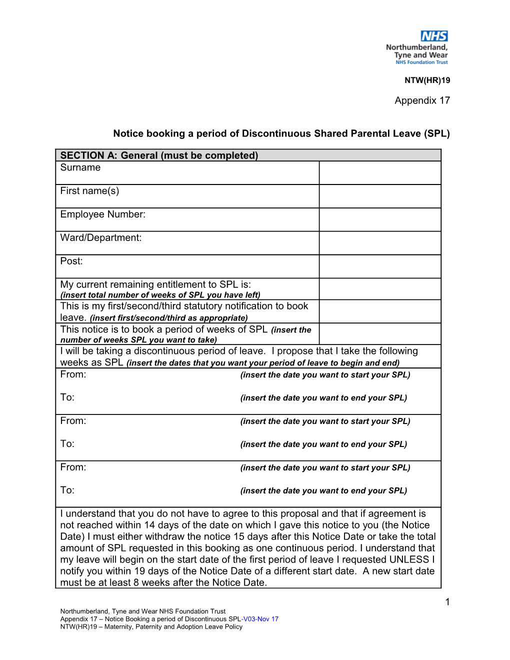 Notice Booking a Period of Discontinuous Shared Parental Leave (SPL)