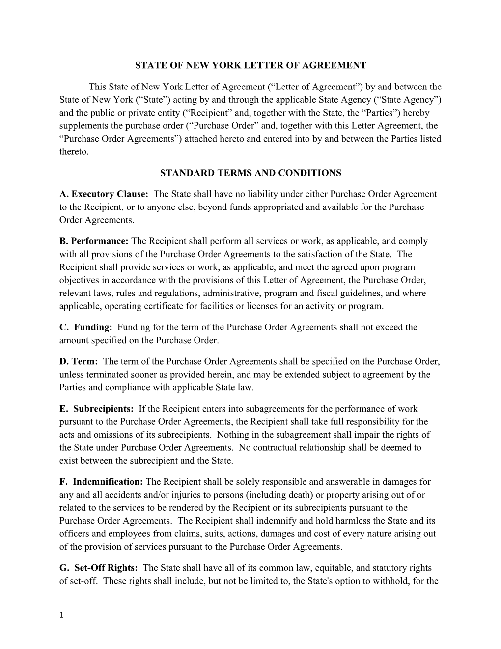 State of New York Letter of Agreement