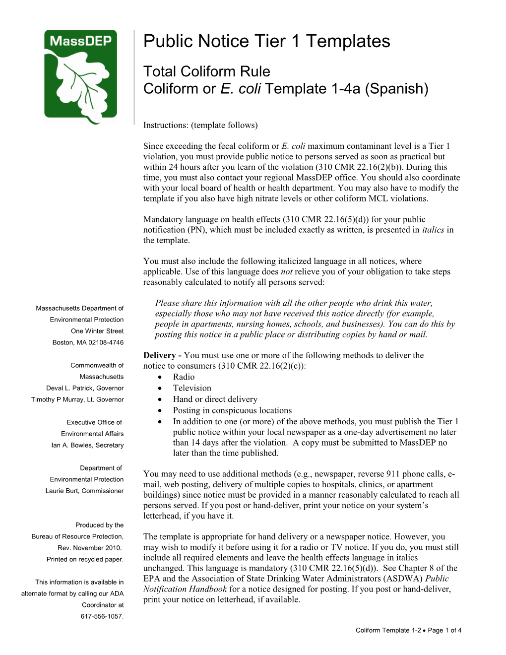 Coliform Or E. Coli Template 1-4A (Spanish)