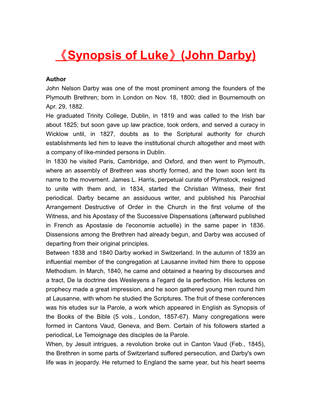 Synopsis of Luke (John Darby)