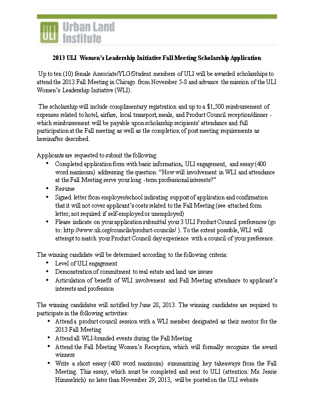 2013ULI Women S Leadership Initiative Fall Meeting Scholarship Application
