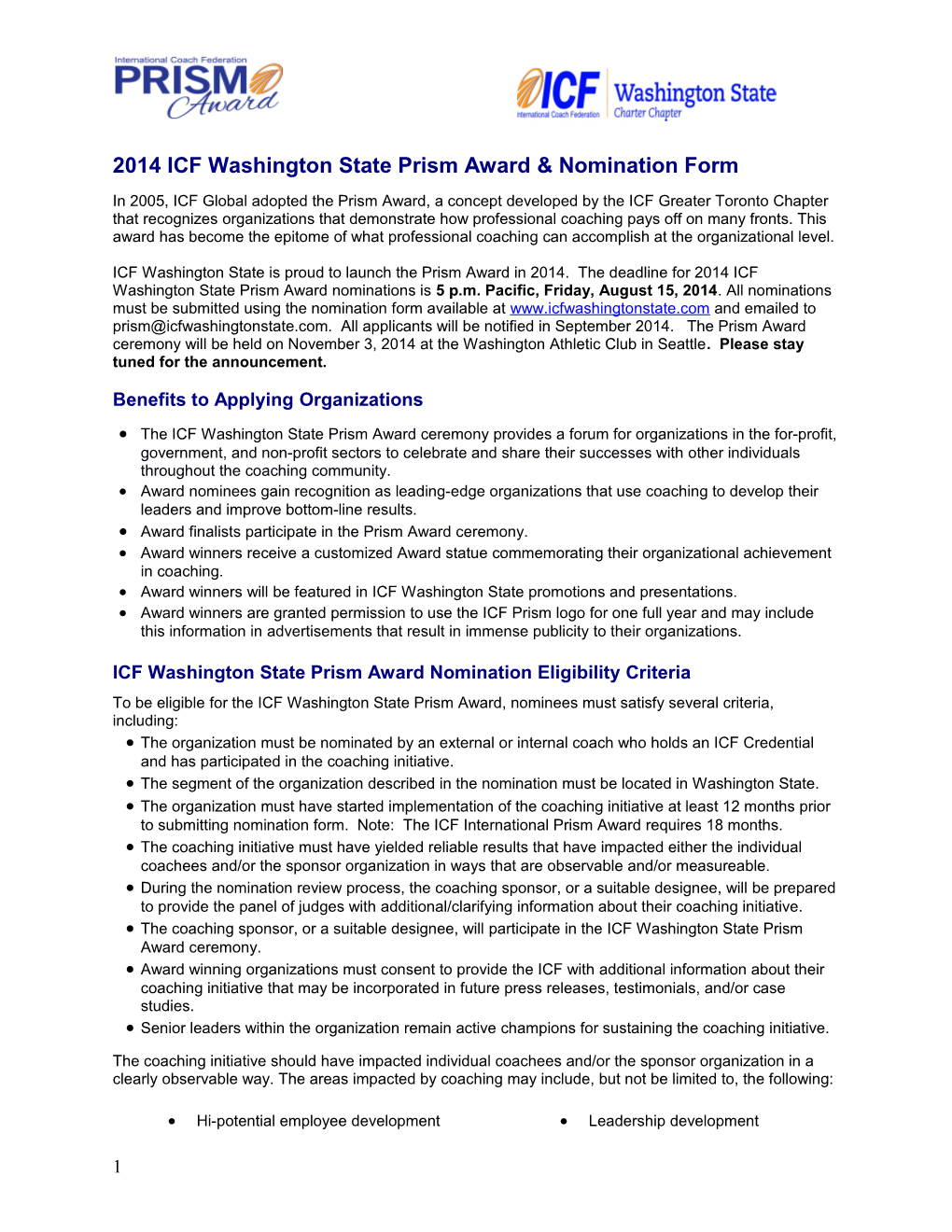 2014 ICF Washington State Prism Award & Nomination Form