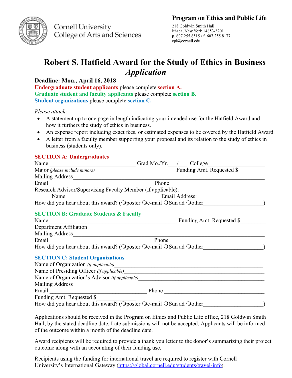 Robert S. Hatfield Award for the Study of Ethics in Business