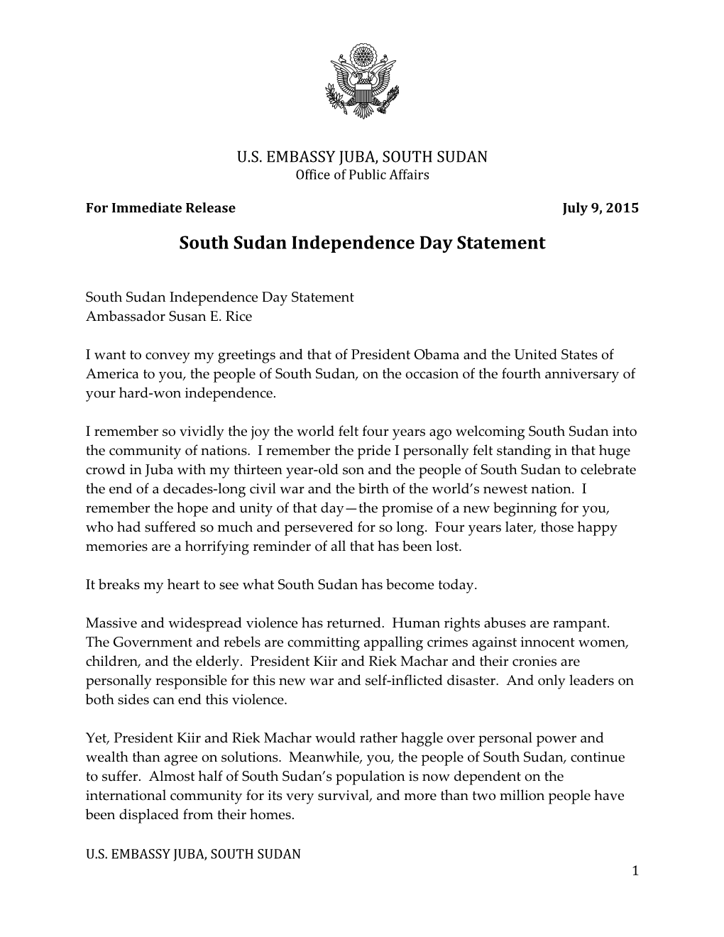 South Sudan Independence Day Statement