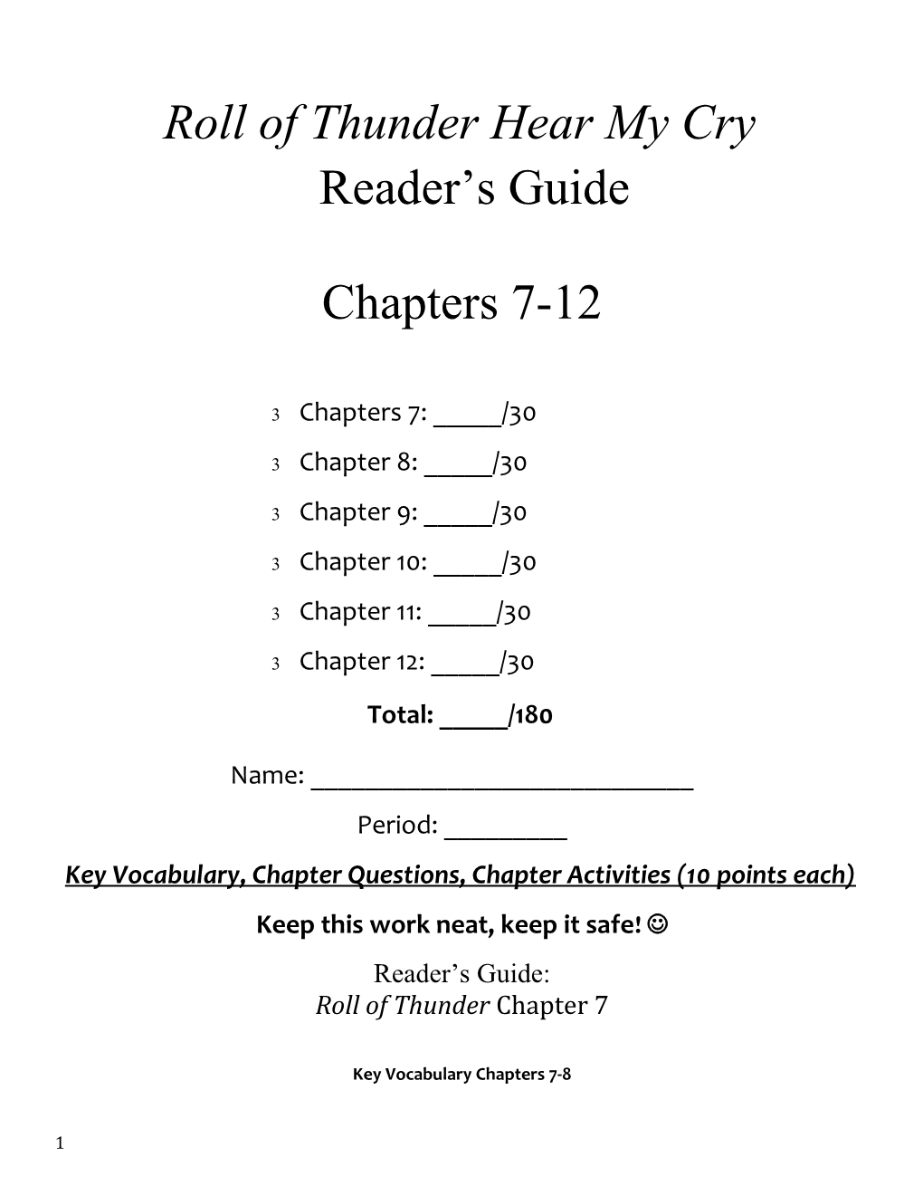 Key Vocabulary, Chapter Questions, Chapter Activities (10 Points Each)