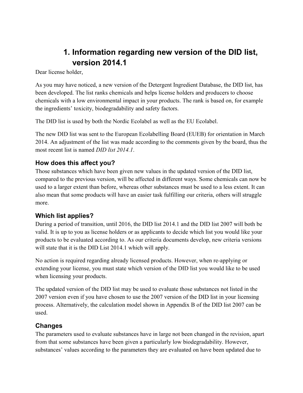 Information Regarding New Version of the DID List, Version 2014.1