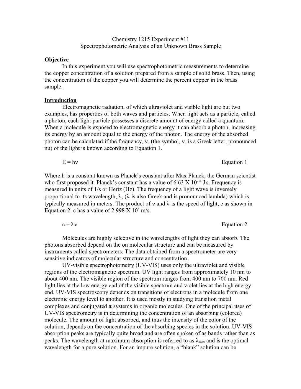 Spectrophotometric Analysis of an Unknown Brass Sample