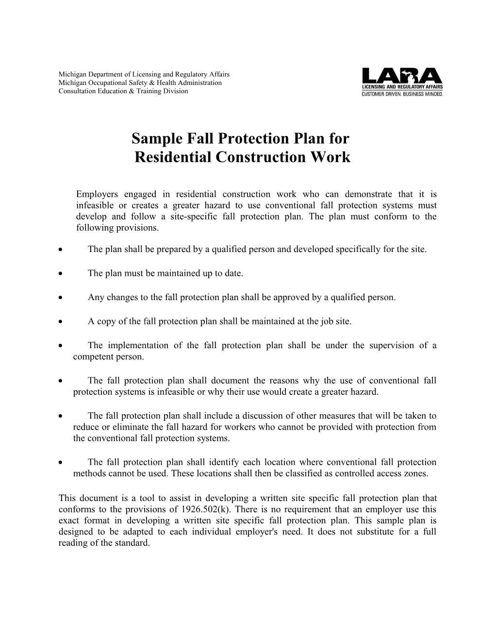 Sample Fall Protection Plan for Residential Construction Work